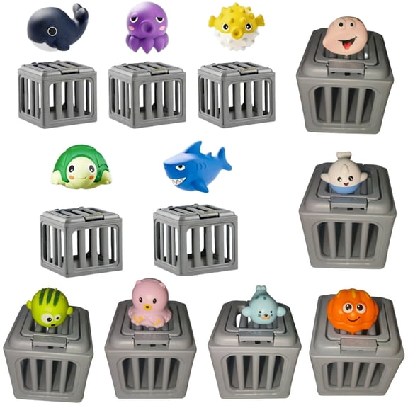 Pool Diving Toys, Underwater Dive Rescue Game Set with Pool Toy Cage and Floating Ocean Pals, Dive Treasure Hunt Water Play for Swim Training, Beach Lake Bath Summer Party (Green Puffer Fish)