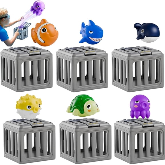 Pool Diving Toys, Underwater Dive Rescue Toys with Pool Toy Cage & Floating Ocean Pals for Boys Girls Ages 9-12 Bath Toy Play Set Fun Outdoor Swim Lake Beach Summer Party Gift(1set)