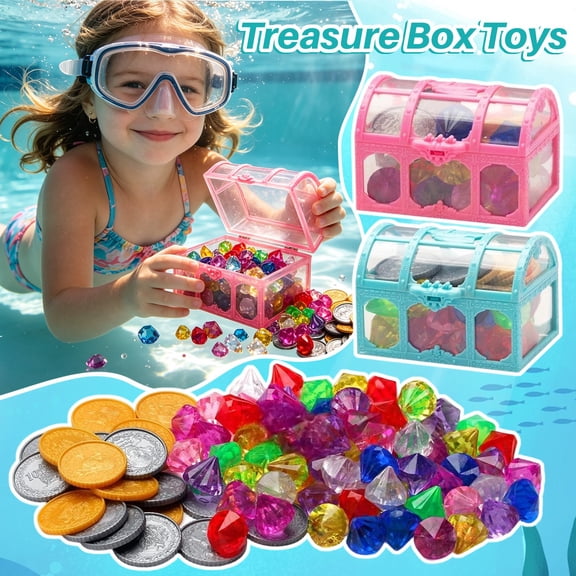 Pool Diving Treasure Hunt Set with 2 Transparent Cases, 24 Multi-Color Diamond Cut Gems, and 24 Golden Coins for Summer Underwater Activities