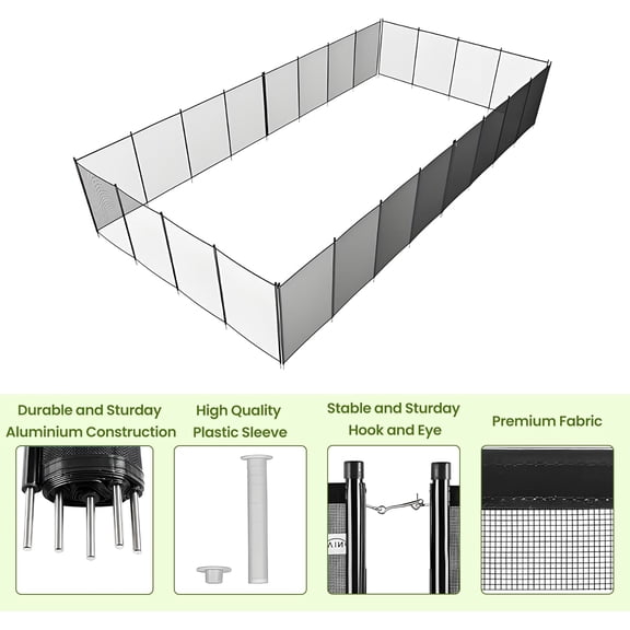 Pool Fence 4FT Height, Heavy Duty Composite Material Safety Fencing for in-Ground & Above-Ground Pools, Removable Swimming Pool Protection Barrier, Multiple Lengths 48/60/96FT (Black)