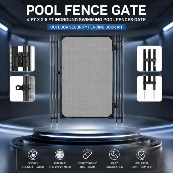 Pool Fence Gate, 4 X 2.5 Ft Inground Swimming Pool Fencing Door, Metal Latch, 352 Gsm Teslin Pvc Mesh, Black