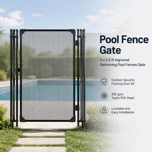 Pool Fence Gate, 4 X 2.5 Ft Inground Swimming Pool Fencing Door with Metal Latch, 352 Gsm Teslin Pvc Mesh, Black
