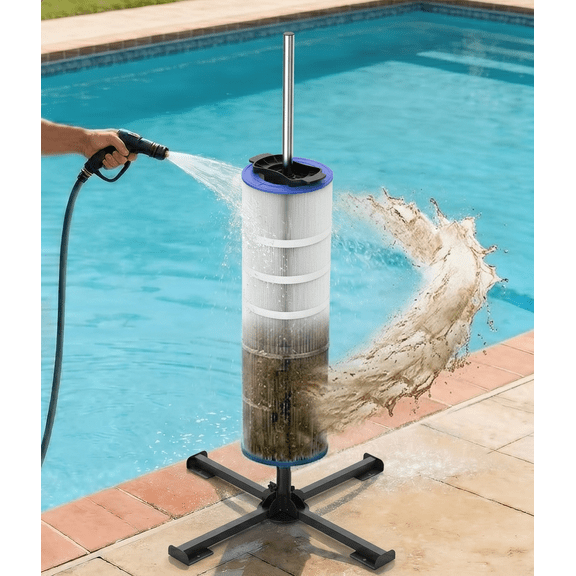 Pool Filter Cleaner Spinning Stand Tool, Rotating Pool Filter Cleaning System for 3", 4", 6" Swimming Pool Cartridge Filter, Includes Waterproof Gloves & Storage Bag