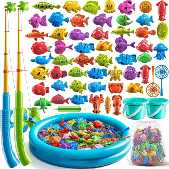 Pool Fishing Toys Games Water Table Bathtub With Inflatable Pole Rod Net Plastic Floating Fish Birthday Gifts For 3 4 5 6 Year Old Outdoor