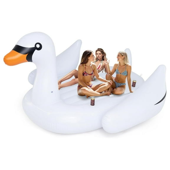 Pool Float, 4 Person Inflatable Floating Swan Island with Built-in Cup Holders, Electric Pump & Mooring Rope, Tanning Pool Lounger Raft for Adults, Lake, Beach, River White