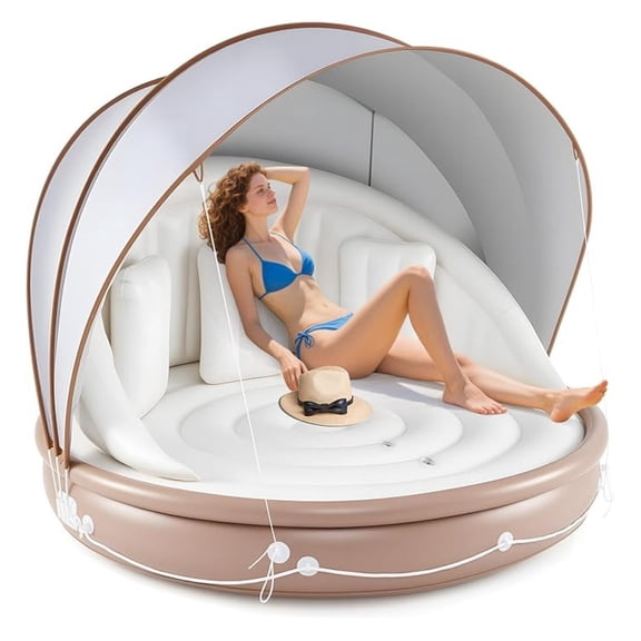 Pool Float with Canopy, 440 lbs Inflatable Floating Island with Detachable Sunshade & 3 Pillows, 2/3 Person 73 Tanning Lounger Large Floats for The Lake, Inflatable Pool Daybed for Adults