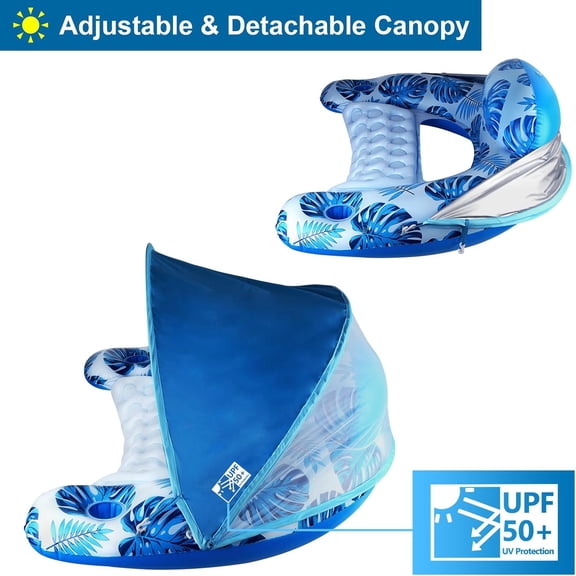 Pool Float with Canopy, Cup Holder - XL Pool Chair Lounge Float with Adjustable Sun Shade Cover, Drink Holder, Ergonomic Headrest,Inflatable Pool Float for Adults