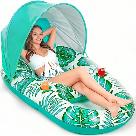 Pool Float with Canopy - Inflatable Pool Floaties Adult Lounger Floats Raft Floating Chair with Cup Holders for Swimming Pool Lake Water Lounge Float Beach Pool Party Toys for Adults