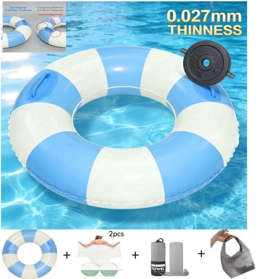 Pool Float- Durable Inner Tube, Handprinted Classic Striped Design Pool Float Rings, Soft Comfort Seaming, Packable Floats for Travel, Light Blue, 35 inch