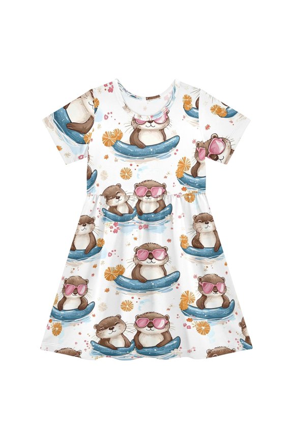 Pool Float Otter Short Sleeve Dress A-Line Cute Midi Casual Sundress 2-8 Years
