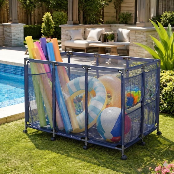 Pool Float Storage Basket, with side pockets, rolling caster wheels, coated steel frame, mesh fabric construction