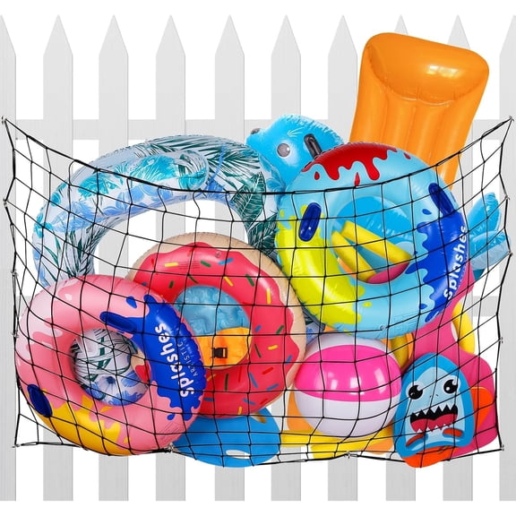 Pool Float Storage Net - 71 * 47in Heavy-Duty Elastic Mesh Net Organizer with 20 Hooks, Swimming Poolside Fence Toys Holder for Inflatable Rafts, Noodles, Balls, Chairs