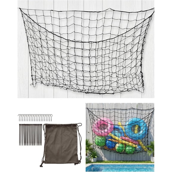 Pool Float Storage Net 71x41 Inch Large Mesh Organizer with 20 Hooks & Bonus Bag, Heavy Duty Hanging for Poolside Fence Inflatable Floats Noodles Balls Toys Rafts Swimming Accessories, Black