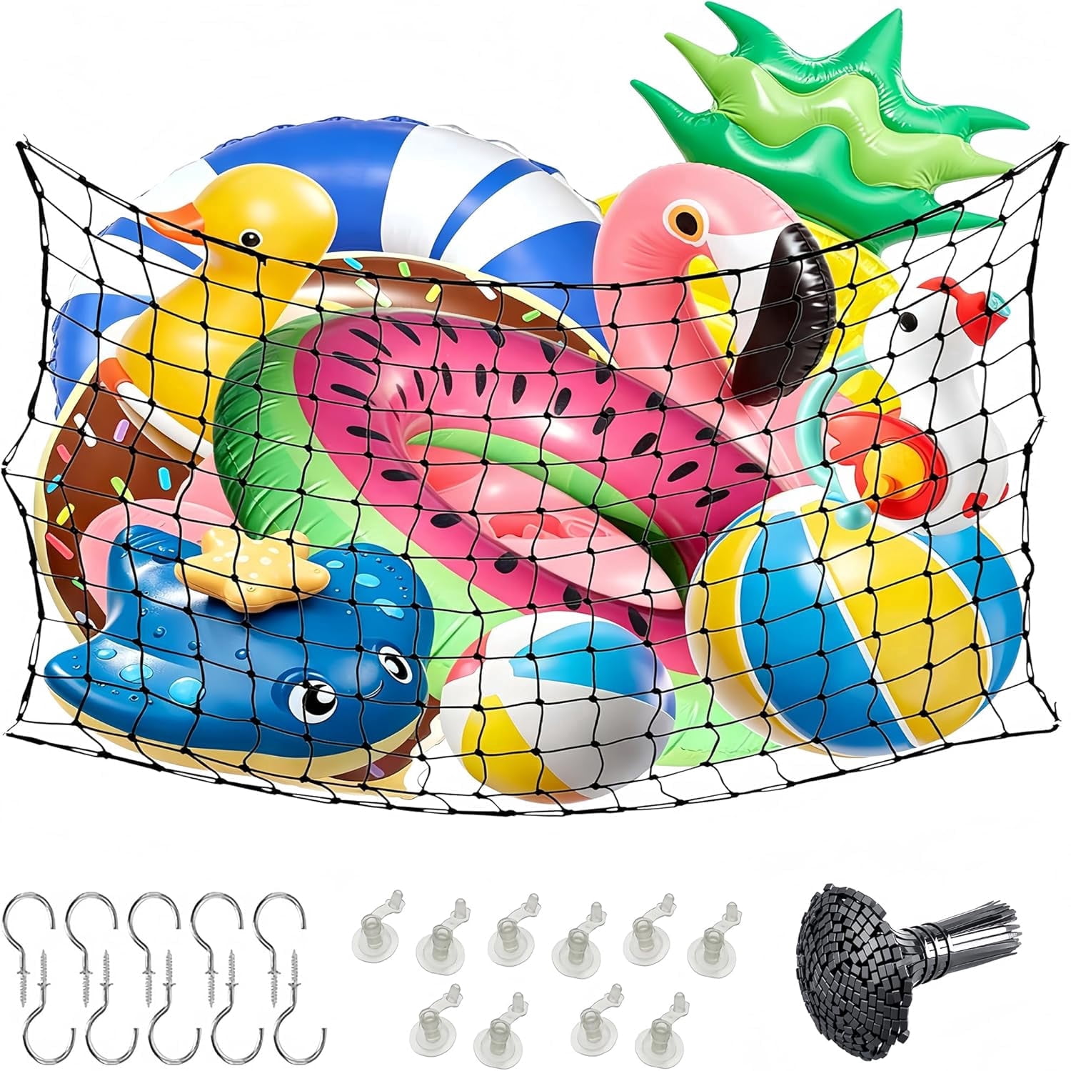 Pool Float Storage Net Set, 71" x 41" Extra Large Elastic Hanging Mesh Organizer with Hooks and Inflatable Valves for Pool Floats, Balls, Water Inflatable Rafts