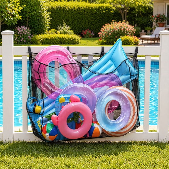 Pool Float Storage Organizer, Hanging Mesh Bag for Pool Toys, Extra Large Above Ground Poolside Holder Net for Inflatable Balls, Water Rafts, Noodles and Other Swimming Pool Accessories, Black