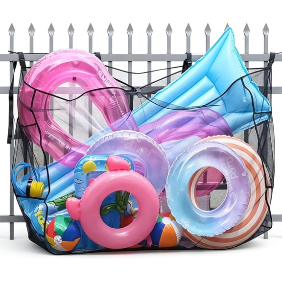 Pool Float Storage Organizer, Hanging Mesh Bag for Pool Toys, Extra Large Above Ground Poolside Holder Net for Inflatable Balls, Water Rafts, Noodles and Other Swimming Pool Accessorie, Black