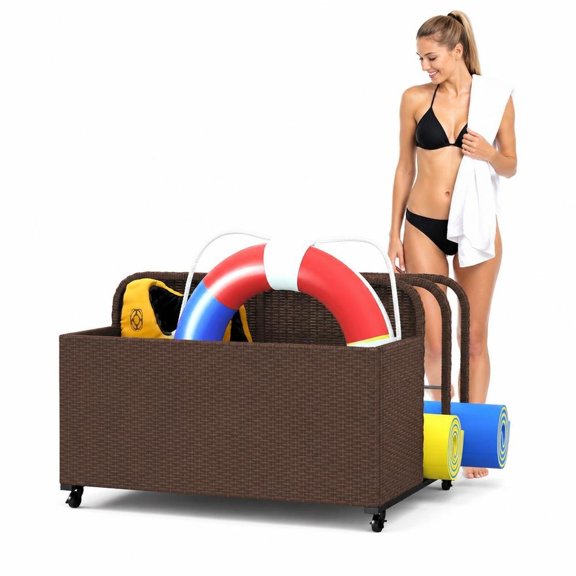 Pool Float Storage Organizer, PE Rattan Wicker Cart with Wheels, 3-Section Basket, Brown