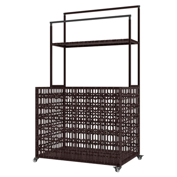 Pool Float Storage Organizer, Wicker Caddy for Pool Toys & Noodles - Rolling PE Rattan Basket with Shelf & Towel Bars - Outdoor Poolside Organizer, Mixed-Brown