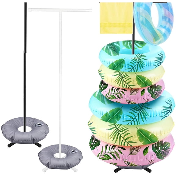 Pool Float Storage Rack, Metal Pool Float Holder with Water Weight Bag, Pool Float Storage Organizer for Swimming Tube Towel Goggle (White, Black)