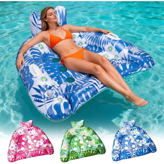 Pool Floats, 3 Packs Inflatable Pool Float Chairs for Adults, Quick Inflation Pool Raft with Armrests & Cupholders for Summer Fun (Blue)