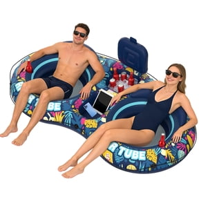 Pool Floats Adult, 2 Person River Tubes Inflatable 5-in-1 Heavy Duty River Raft with Backrests, Built-in Cooler, 2 Cup Holders, Floating Lounge Floatie for Lake Swimming Pool Summer Relaxation