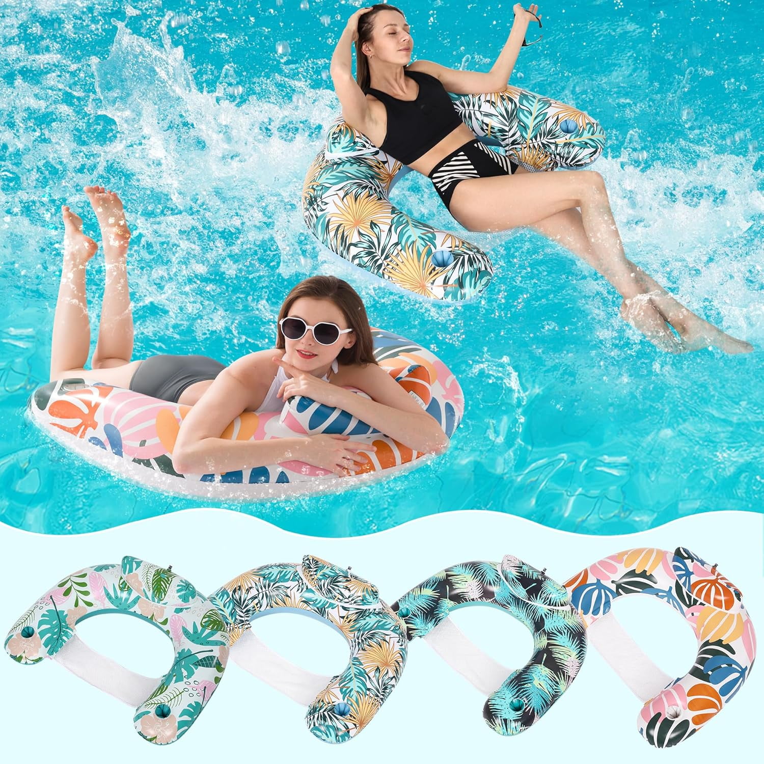Pool Floats Adult 4 Pack Inflatable Pool Float Chairs with Cup Holders Blow up Floating Pool Non Stick Floaties Chair Pool Floaties for Adults