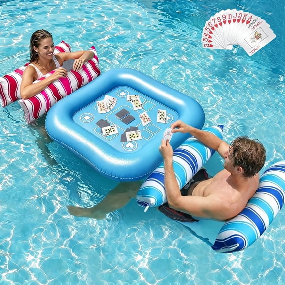 Pool Floats Adult Games - 2 Pack Fabric Inflatable Pool Floaties Water Hammock Chair w Floating Table Waterproof Playing Cards Party Game Toys Lake Lounger Raft Pool Hammock Float Floaty