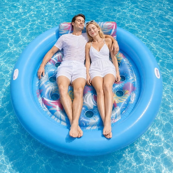 Pool Floats Adult Heavy Duty, 75" x 75" Inflatable Pool Float with Removable Pillow & Grad Handles, Tanning Pool Lounger Floaties Bed for Swimming Pool Beach Outdoor Summer Party (Blue-XL)