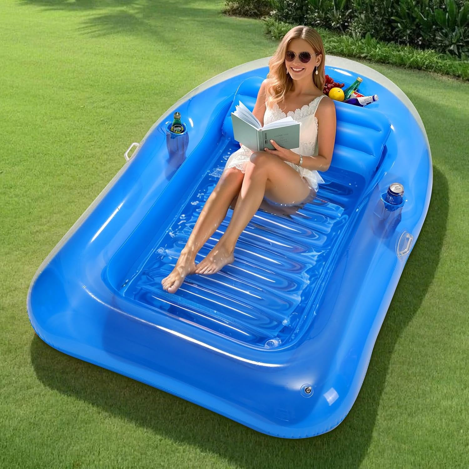 Pool Floats Adult, Large Floating Bed with Ice Bar, Tanning Bed Pool Raft Inflatable Lounger with Drink Holder Tanning Chair Inflatable Pool Toys for Party Beach Backyard