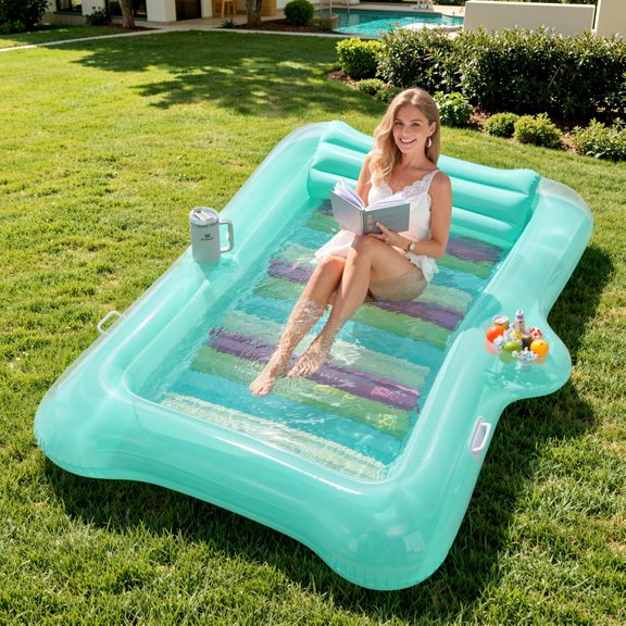 Pool Floats Adult, Large Floating Bed with Ice Bar, Tanning Bed Pool Raft Inflatable Lounger with Drink Holder Tanning Chair Inflatable Pool Toys for Party Beach Backyard
