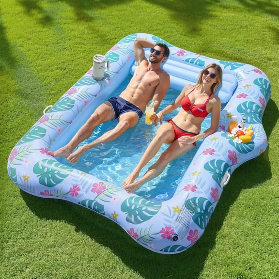 Pool Floats Adult, Large Floating Bed with Ice Bar, Tanning Bed Pool Raft Inflatable Lounger with Drink Holder Tanning Chair Inflatable Pool Toys for Party Beach Backyard