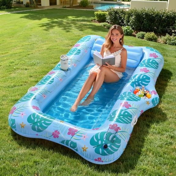 Pool Floats Adult, Large Floating Bed with Ice Bar, Tanning Bed Pool Raft Inflatable Lounger with Drink Holder Tanning Chair Inflatable Pool Toys for Party Beach Backyard