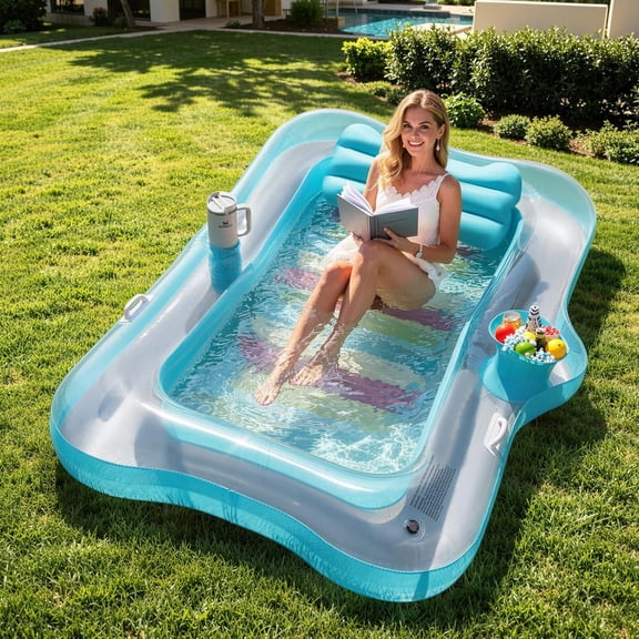 Pool Floats Adult, Large Floating Bed with Ice Bar, Tanning Bed Pool Raft Inflatable Lounger with Drink Holder Tanning Chair Inflatable Pool Toys for Party Beach Backyard