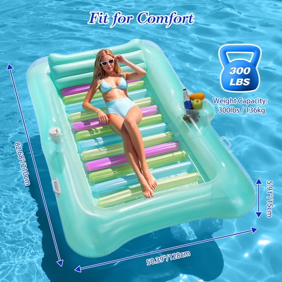 Pool Floats Adult, Large Floating Bed with Ice Bar, Tanning Bed Pool Raft Inflatable Lounger with Drink Holder Tanning Chair Inflatable Pool Toys for Party Beach Backyard