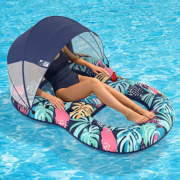 Pool Floats Adult with UPF 50+ Sunshade Canopy, Inflatable Pool Floaties Lounger with Headrest Cup Holder Footrest for Tanning Pool Swimming, Lake, Beach, Travel