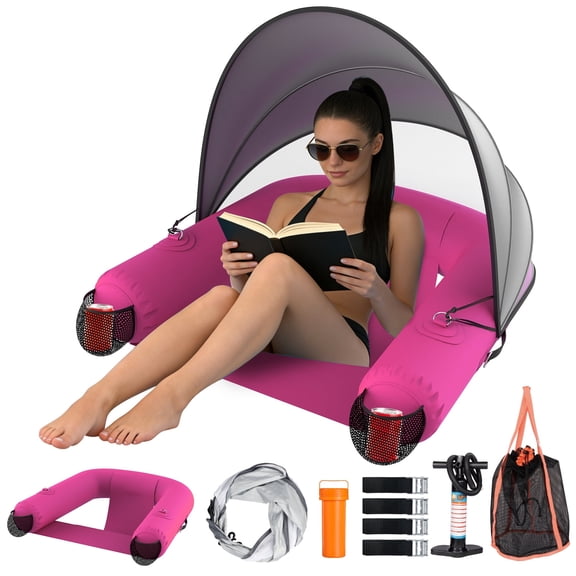 Pool Floats Chair with Canopy UPF50+,Extra Large Pool Floats with Adjustable Sun Shade Cover,2 Drink Holders, Deepened Seat,Adult Inflatable Pool Float for Swimming Pool,Beach,Pink