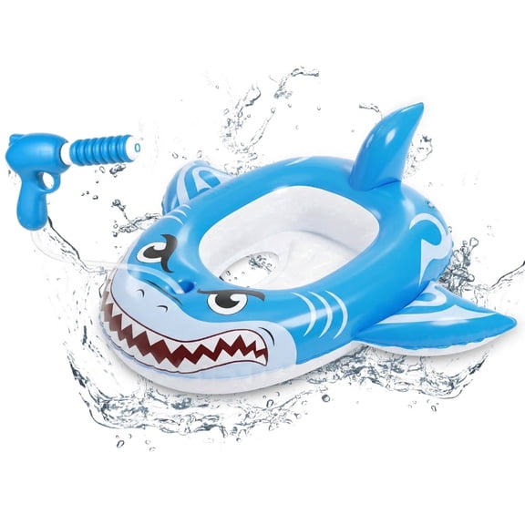 Pool Floats for Kids and Toddlers, with Water Blaster, Shark Boat Pool Float Swim Seat Toys, Summer Swimming Pool Water Toys for Boys Girls Aged 3-8 Years, Blue