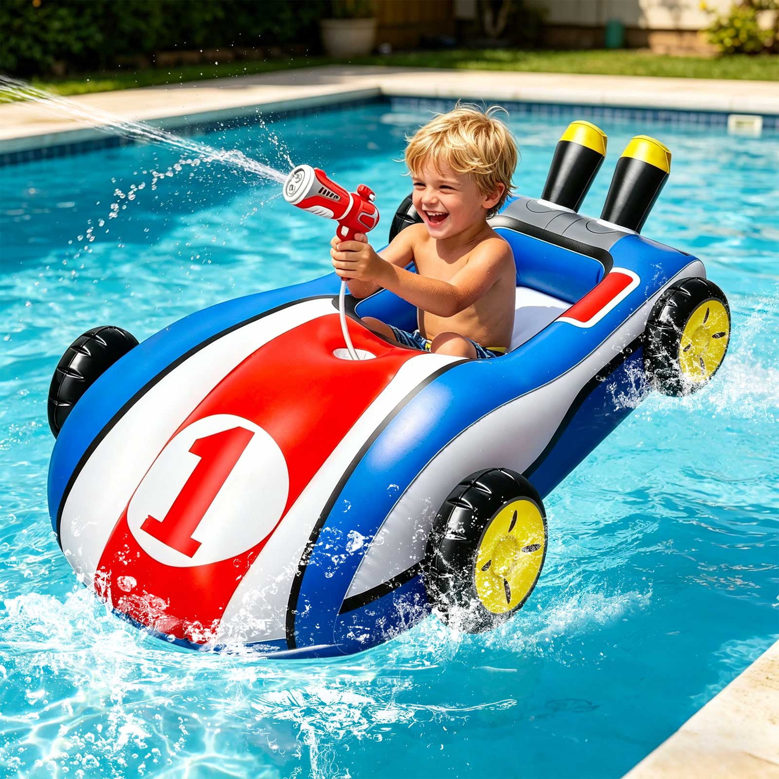 Pool Floats Kids Toys with Water Gun, Inflatable Ride-on Pool Toys for Kids Ages 4-8 Race Car Toddlers Pool Float Summer Outdoor Swimming Pool Toys Games for Boys Girls Fun Summer Water Toys