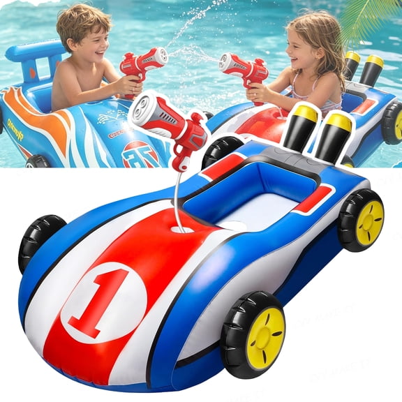 Pool Floats Kids with Water Gun Inflatable Ride-on Race Car Swimming Ring for Ages 4-8 PVC Outdoor Pool Toy for Summer Water Play