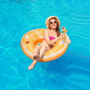 Orange Slice Inflatable Pool Float for Adults, Round Mesh Bottom Water Lounger Float with Cup Holder & Handles for Pool, Lake, Beach Use