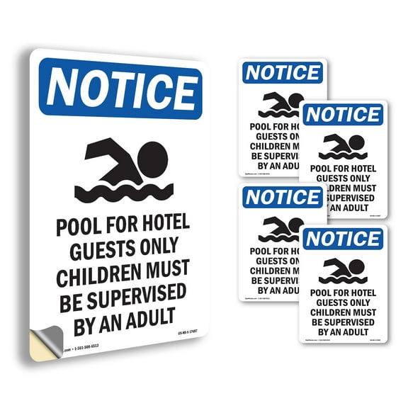 Pool For Hotel Guests With Symbol OSHA Notice Vinyl Decal Label 5 Inch x 3.5 Inch - 5 Pack