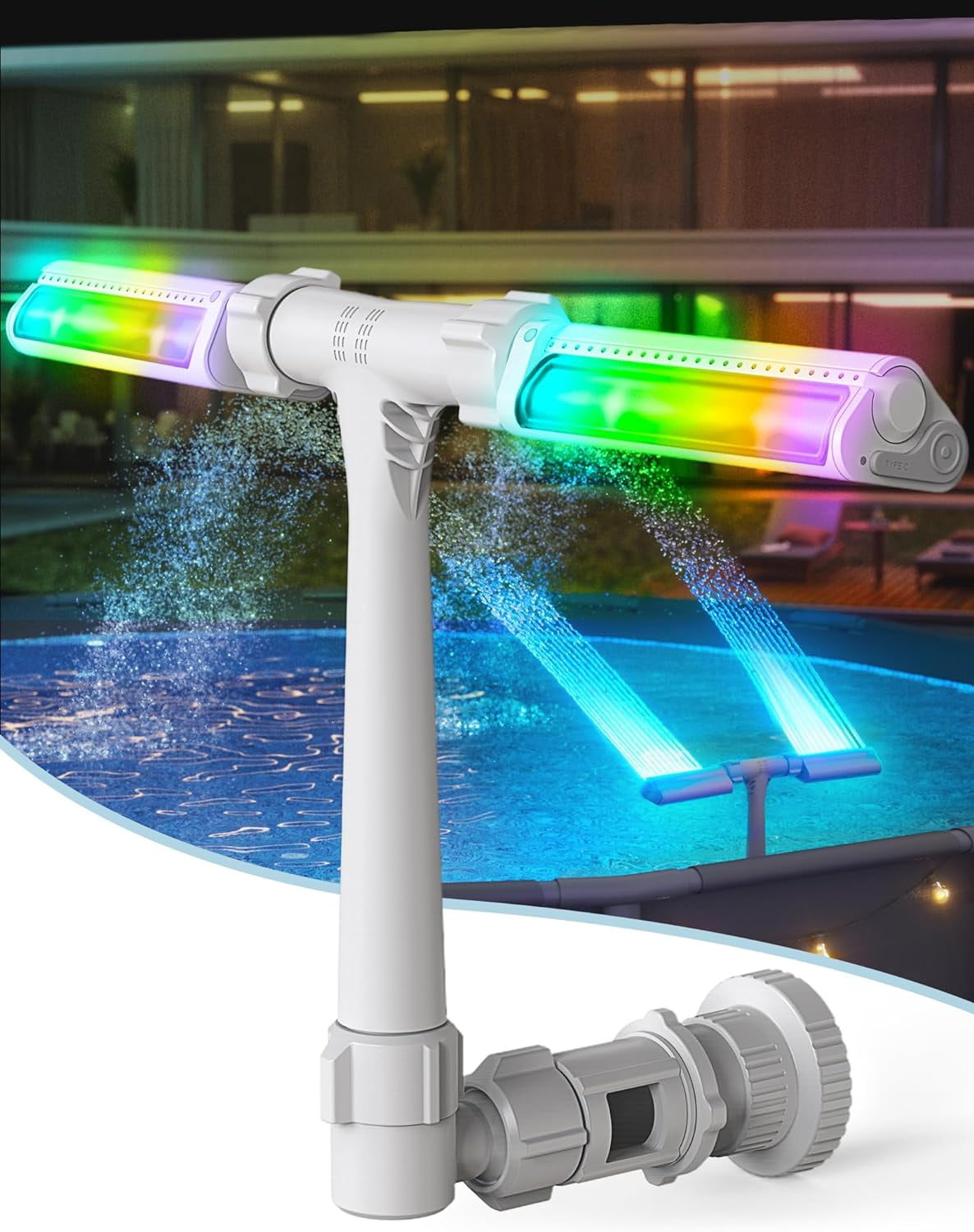 Pool Fountain with 7-Color LED Lights above/Inground Pool Fountain Lights with Remote Control Adjustable Pool Sprinkler Fountain with Dual Spray Heads