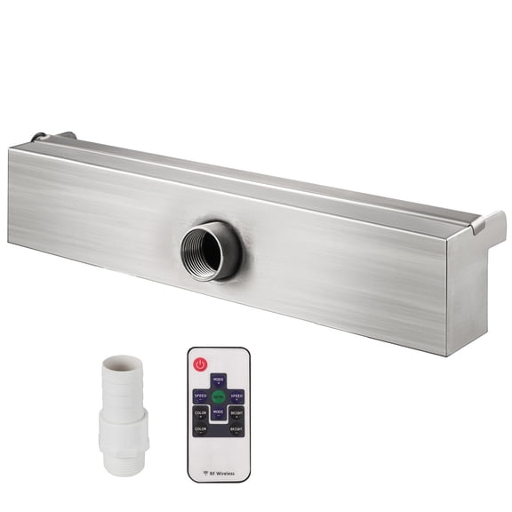 Pool Fountain Stainless Steel Pool Waterfall 11.8" x 4.5" x 3.1"(W x D x H) with LED Strip Light Waterfall Spillway with Pipe Connector Rectangular Garden Outdoor
