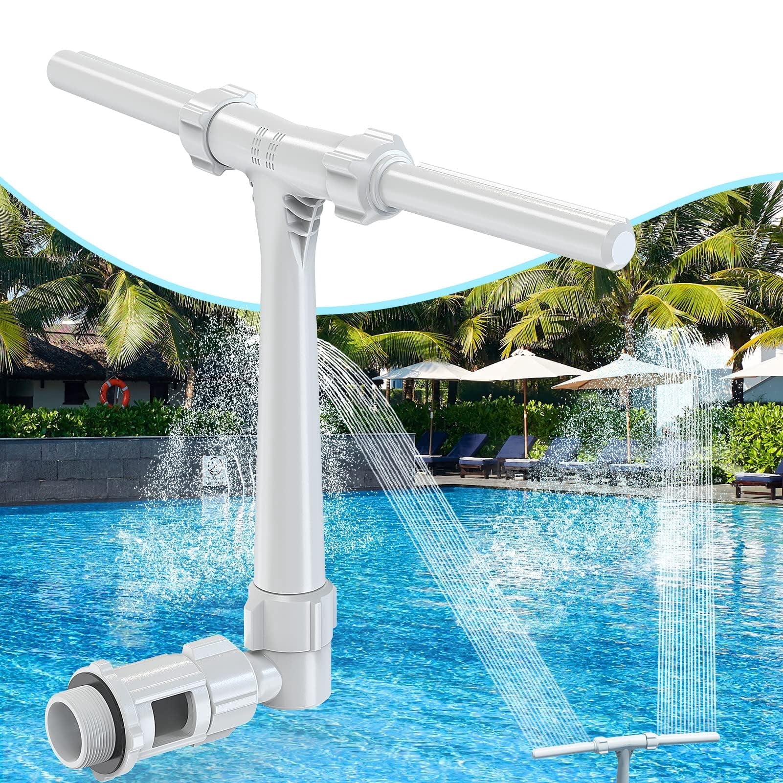 POOLHACKER Pool Fountain for Above Ground & Inground Pools, Dual-Jet Adjustable Waterfall Spray Head, 360° Direction, Fits 1.5" & 1.25" Fittings