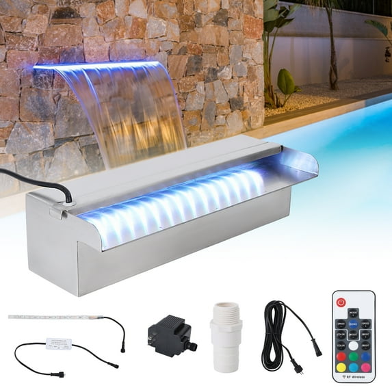 Pool Fountain Waterfall,Smooth Flowing Above Ground Pool Accessory,Outdoor Fountain with Pipe Connector,Stainless Steel Pool Waterfall Spillway for Outdoor Decor and Relaxation