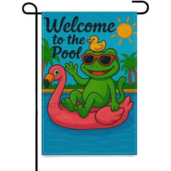 Pool Frog Garden Flag 12x18 Inch Double Sided Flamingo Swimming Ring Design for Yard and Outdoor Summer Decorations