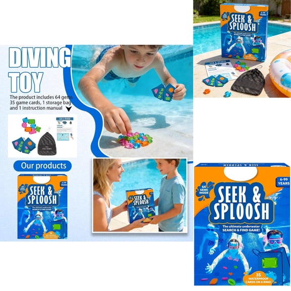 Pool Game Seek & Splash, Search & Find Water Activity, Summer Pool Dive Play Set with 64 Colorful Diving Gems & 35 Waterproof Game Cards, Perfect for Outdoor Water Games & Presents