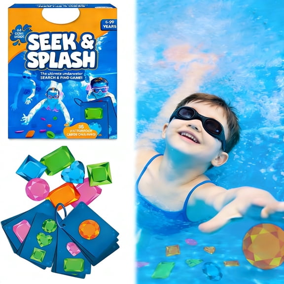 Pool Game Seek & Splash, Search & Find Water Activity, Swimming Pool Dive Game for Summer Fun & Gifts, Includes 64 Colorful Gems & 35 waterproof game cards