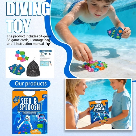 Pool Game Seek & Splash, Search & Find Water Activity, Swimming Pool Dive Game for Summer Fun & Gifts, Includes 64 Colorful Gems & 35 waterproof game cards