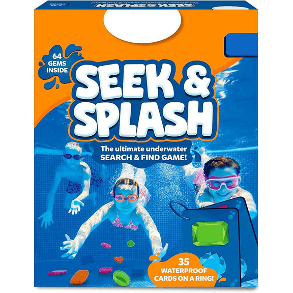 Pool Game Seek & Splash, Search & Find Water Activity, Swimming Pool Dive Game for Summer Fun & Gifts, Includes 64 Colorful Gems & 35 waterproof game cards